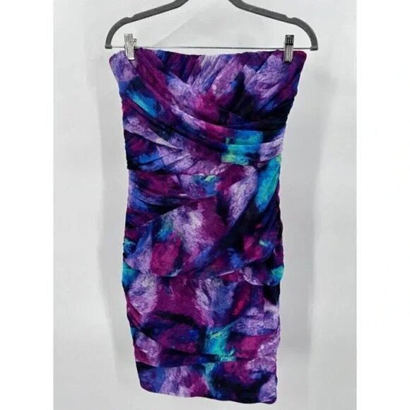 Guess Los Angeles Purple/Blue Abstract Ruched Strapless Cocktail Party Dress 8 - Picture 3 of 10